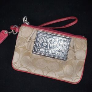 Coach Poppy Metallic Khaki and Pink Signature Canvas Wristlet Clutch